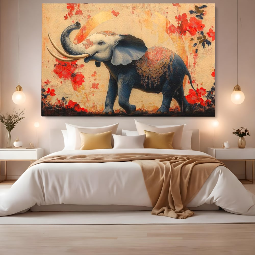 Tablou canvas cu tablou canvas cu elefant albastru, fara rama, pe sasiu de lemn, pe perete intr-un dormitor